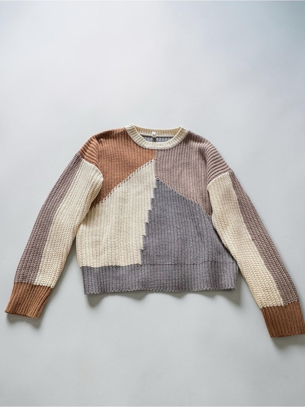 Wishlist Geometric Colorblock Crewneck Sweater in Cream, Taupe & Brown
